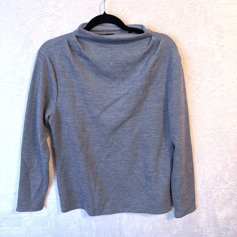 Ann Taylor Silver Metallic Shimmer Funnel Neck‎ Long Sleeve Knit Top Womens L